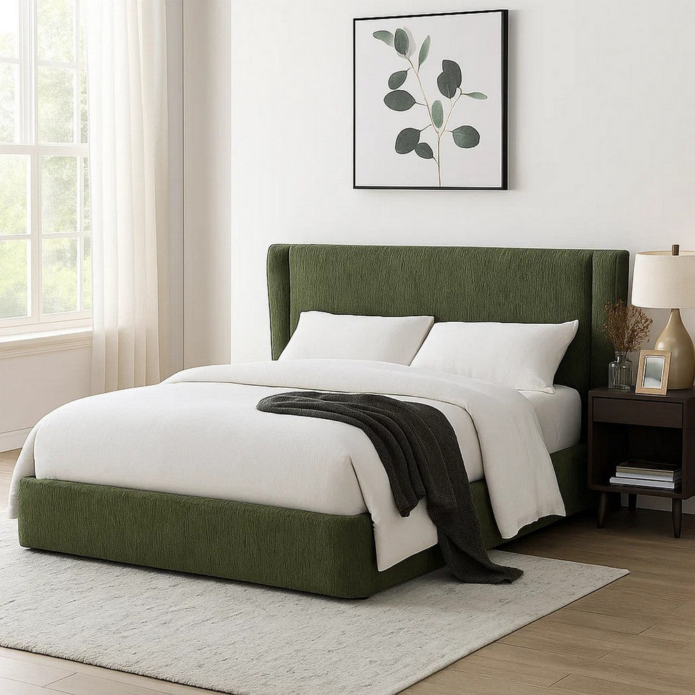 Wery Low Profile Queen Bed | Textured Green Upholstered Wingback Headboard