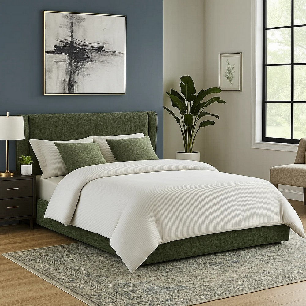 Wery Low Profile Queen Bed | Textured Green Upholstered Wingback Headboard