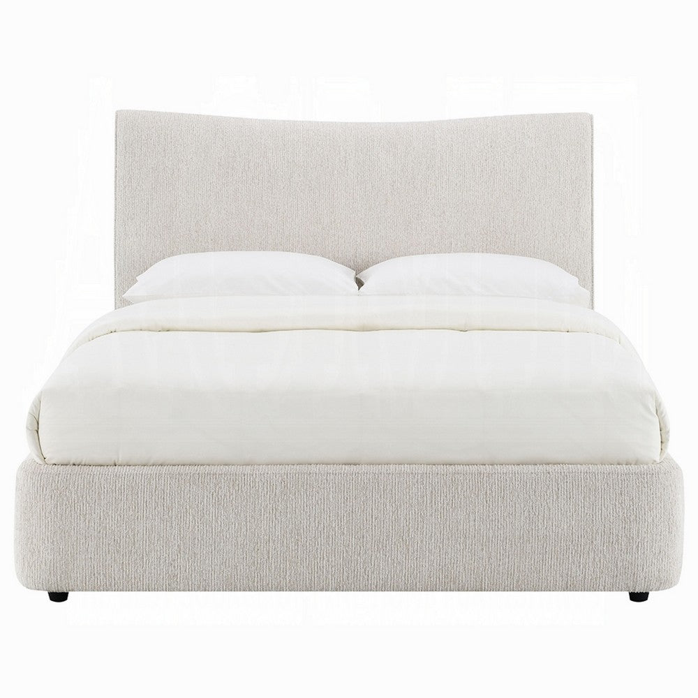 Rery Queen Bed | Beige Chenille Padded Upholstery | Low Profile Platform