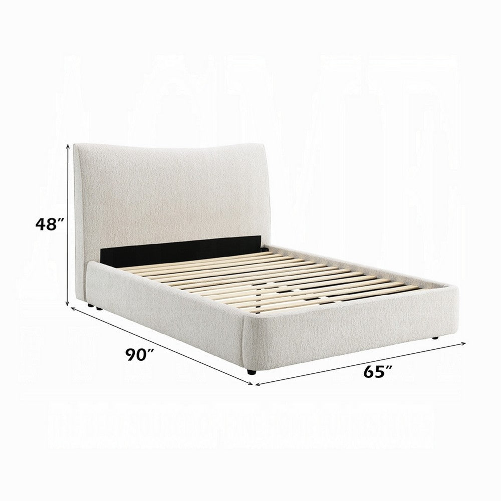 Rery Queen Bed | Beige Chenille Padded Upholstery | Low Profile Platform