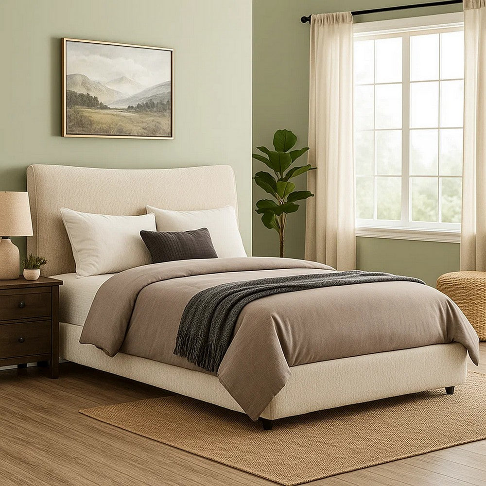 Rery Queen Bed | Beige Chenille Padded Upholstery | Low Profile Platform