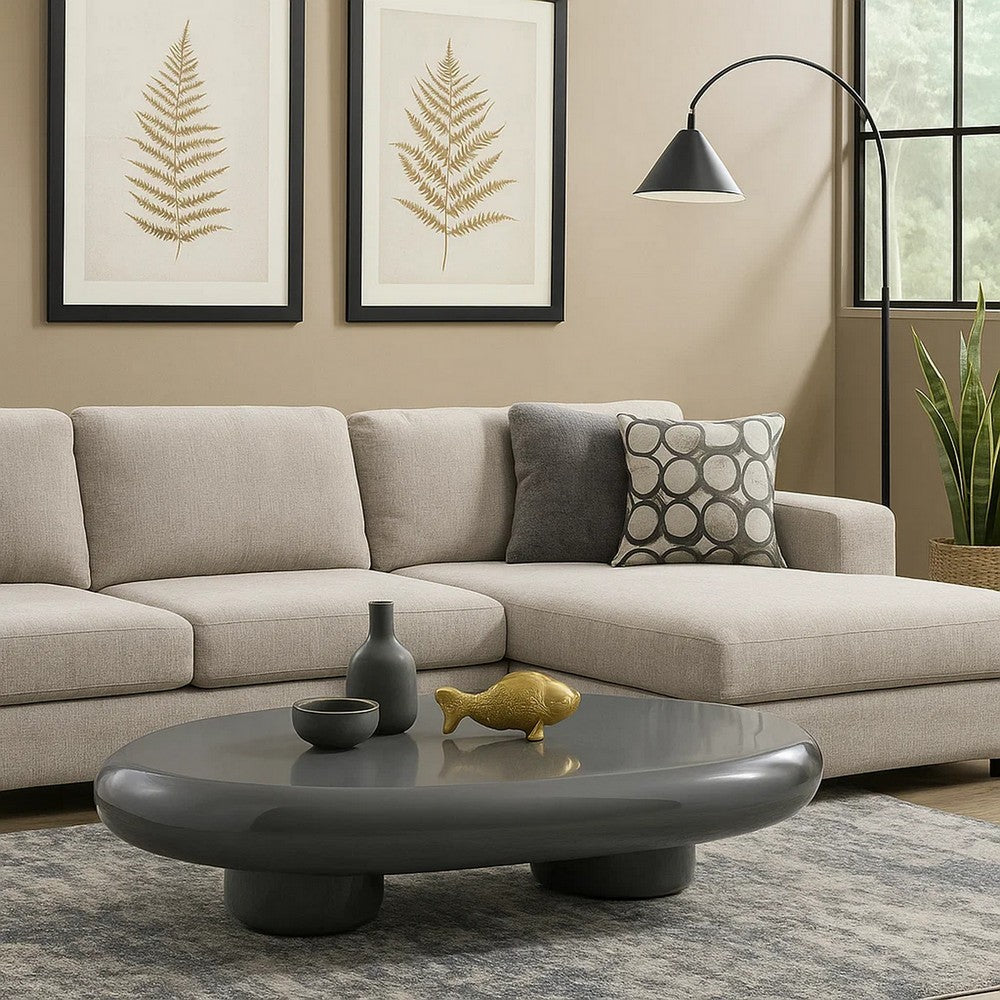 Fory Coffee Table | 46" Oval Top w Low Metal Base | High Gloss Gray