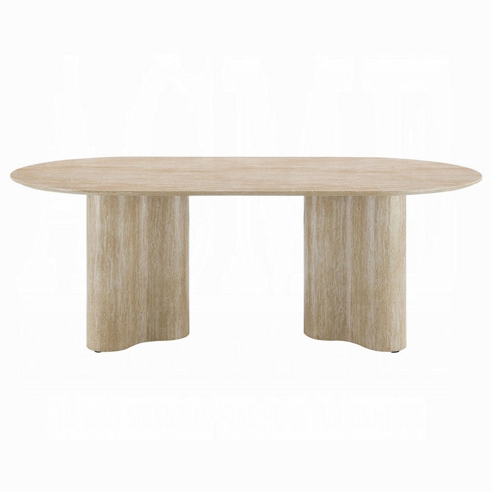 Jory Dining Table | 79" Oval Travertine Paper Top | Beige Wood Finish