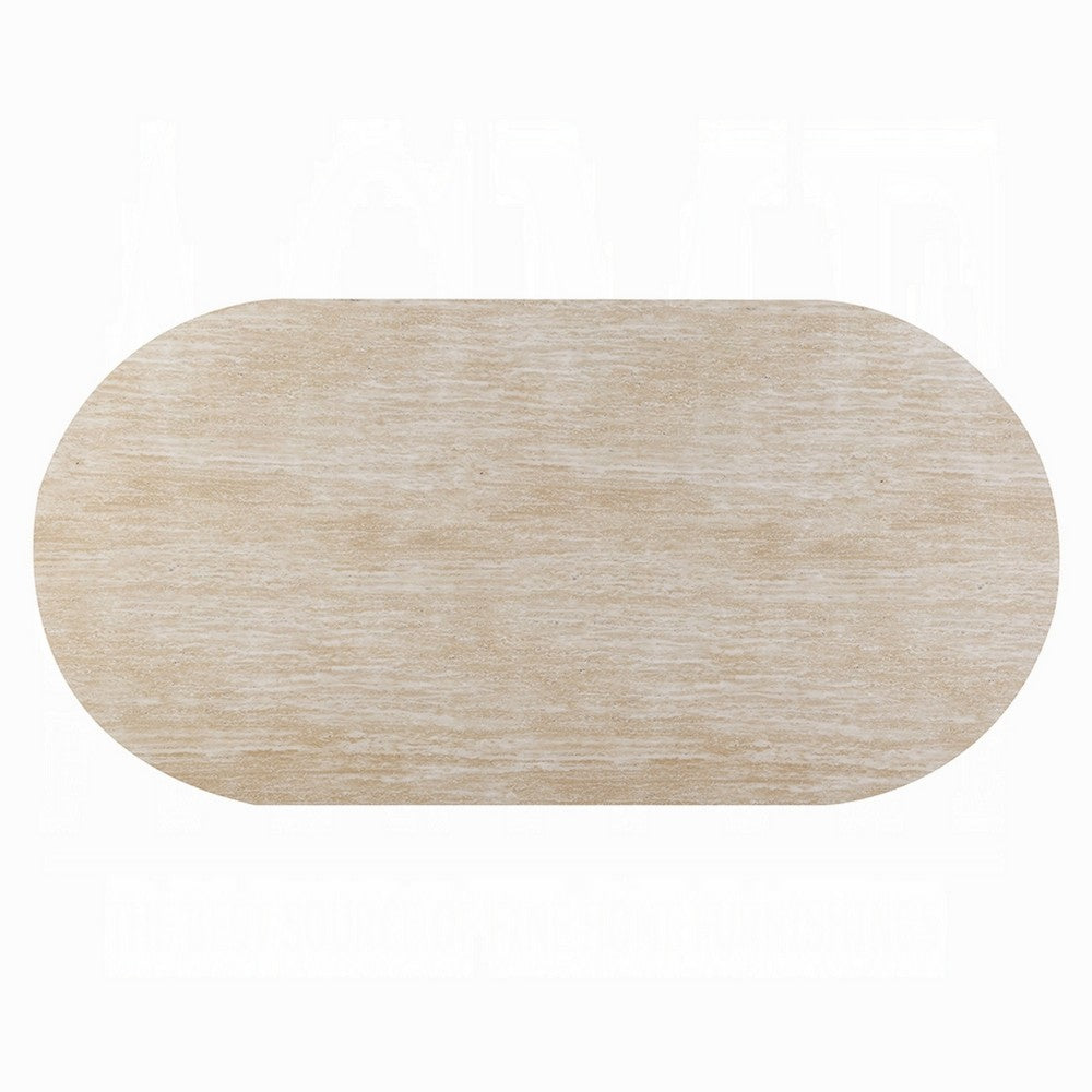 Jory Dining Table | 79" Oval Travertine Paper Top | Beige Wood Finish
