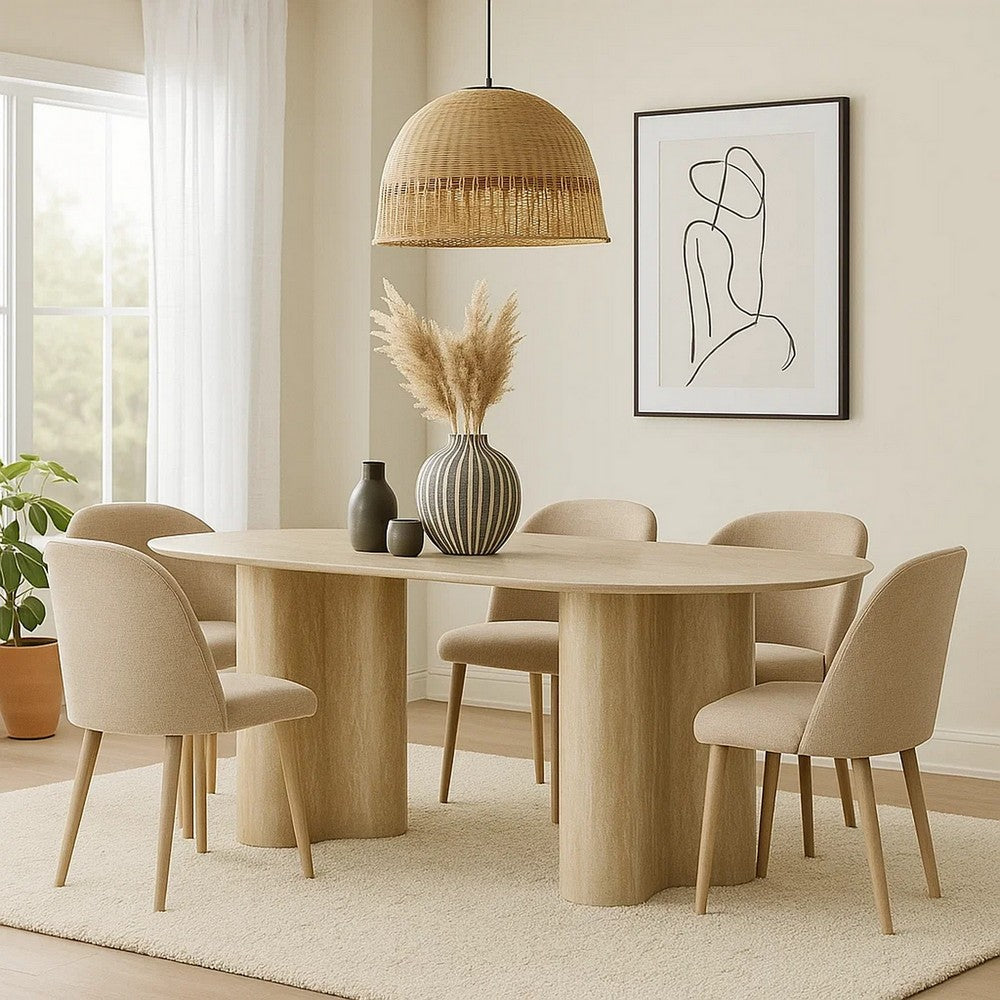 Jory Dining Table | 79" Oval Travertine Paper Top | Beige Wood Finish