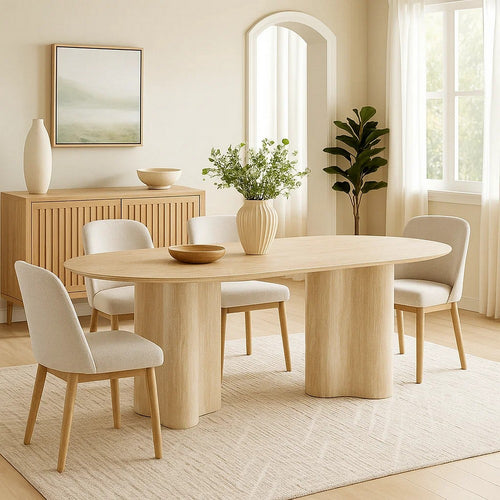 Jory Dining Table | 79" Oval Travertine Paper Top | Beige Wood Finish