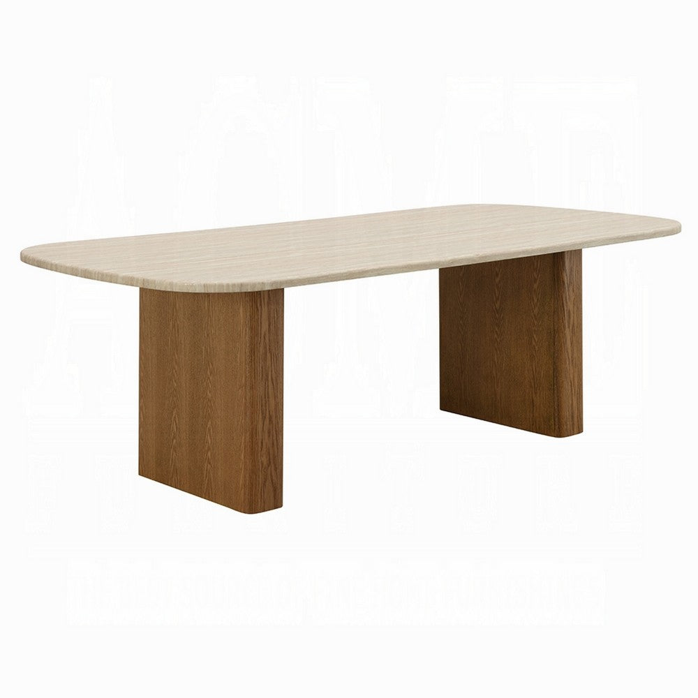 Ladi Dining Table | 87" Rectangular Beige Faux Marble Top | Brown Wood