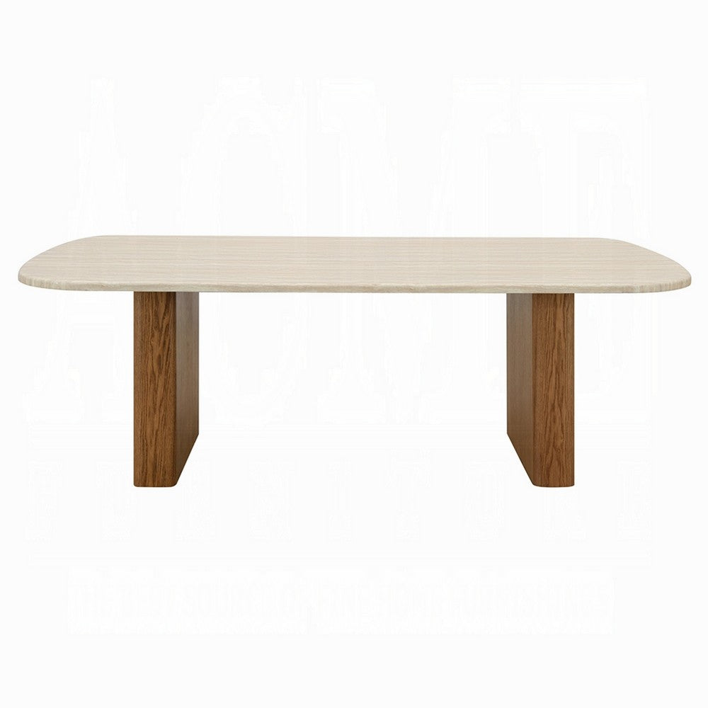 Ladi Dining Table | 87" Rectangular Beige Faux Marble Top | Brown Wood