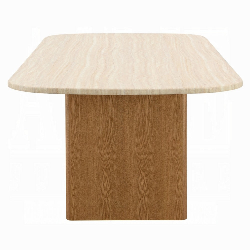 Ladi Dining Table | 87" Rectangular Beige Faux Marble Top | Brown Wood
