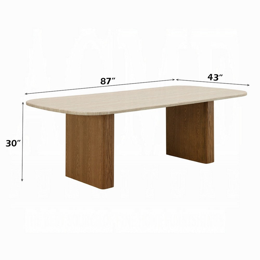 Ladi Dining Table | 87" Rectangular Beige Faux Marble Top | Brown Wood