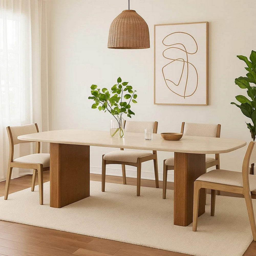 Ladi Dining Table | 87" Rectangular Beige Faux Marble Top | Brown Wood
