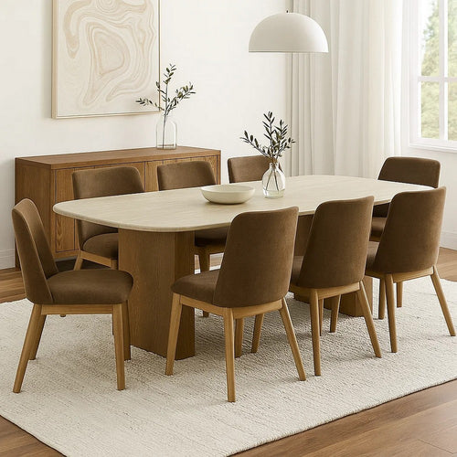 Ladi Dining Table | 87" Rectangular Beige Faux Marble Top | Brown Wood