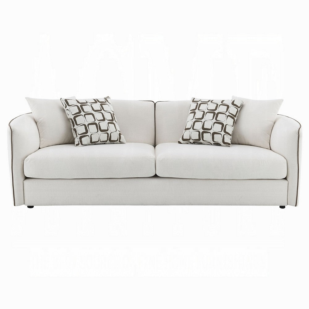 Yoda Sofa with 4 Throw Pillows | Foam Beige Chenille | Brown Trim 91"