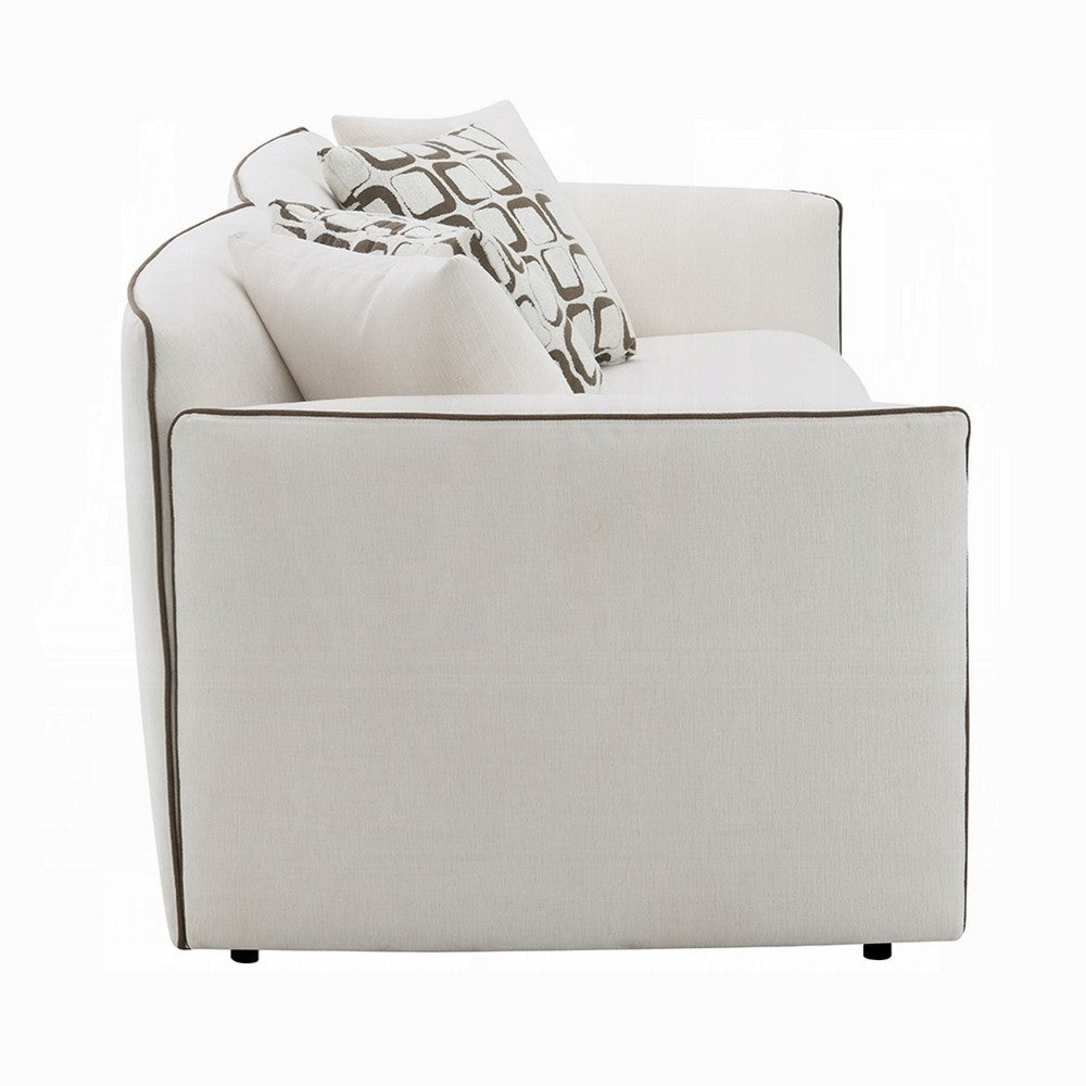 Yoda Sofa with 4 Throw Pillows | Foam Beige Chenille | Brown Trim 91"