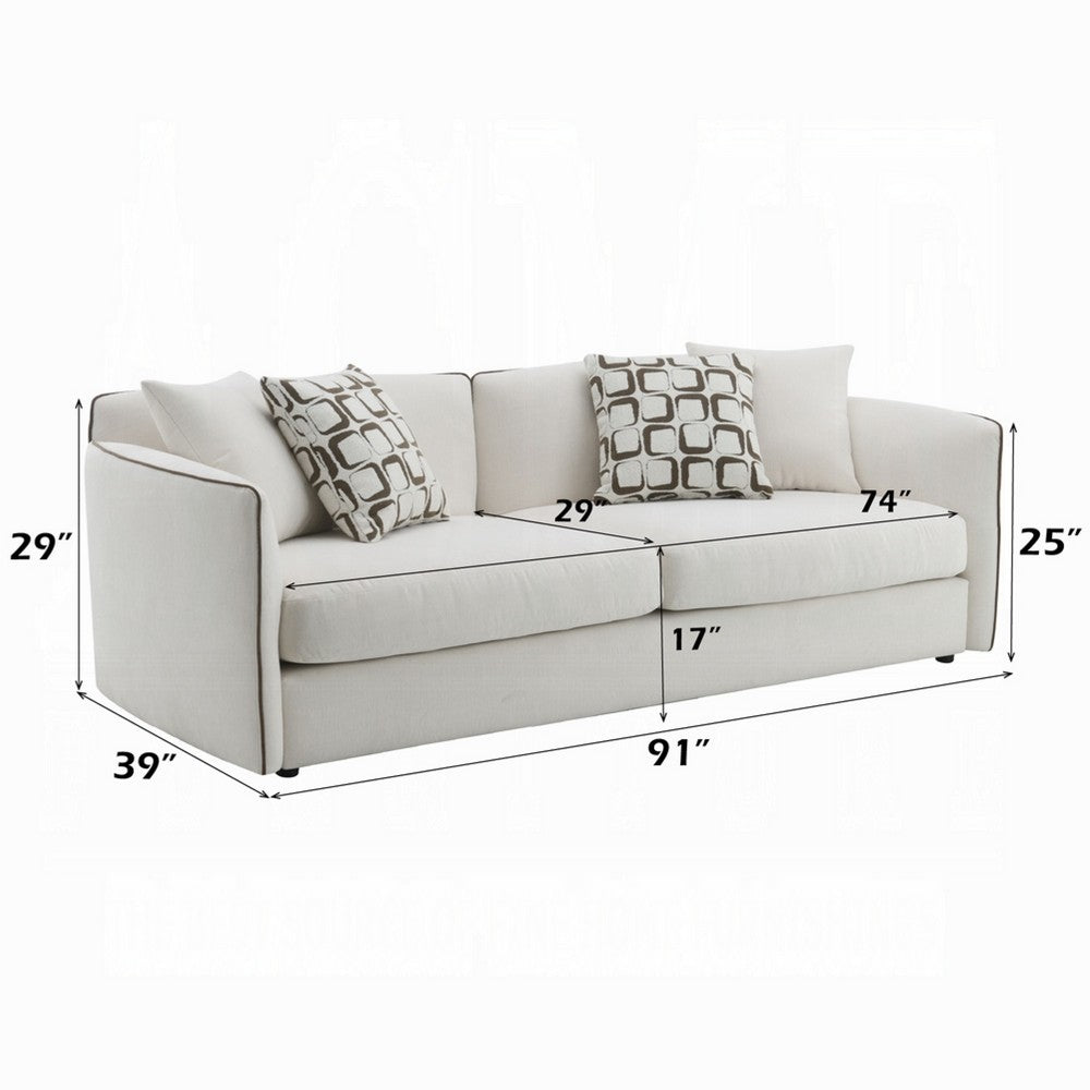 Yoda Sofa with 4 Throw Pillows | Foam Beige Chenille | Brown Trim 91"