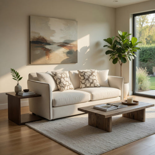 Yoda Loveseat with 4 Pillows | Foam Beige Chenille | Brown Trim | 73"