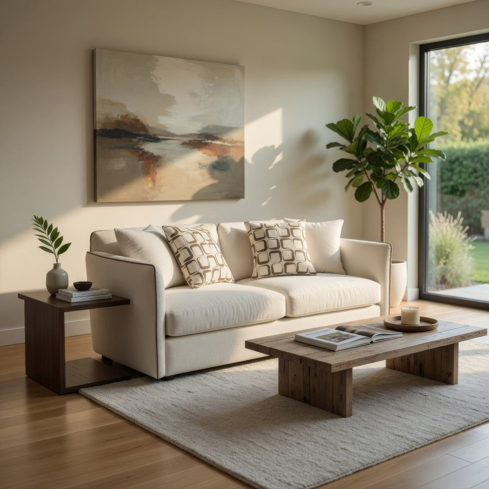 Yoda Loveseat with 4 Pillows | Foam Beige Chenille | Brown Trim | 73"