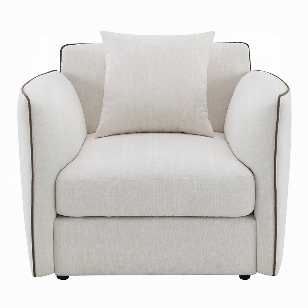Yoda Accent Chair with Pillow | Foam Beige Chenille | Brown Trim