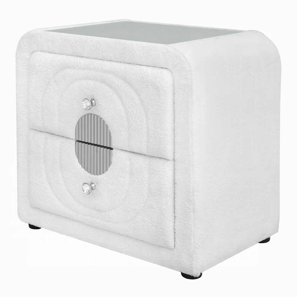 Kery Glass Top Nightstand | 2 Drawers | White Teddy Sherpa Upholstery