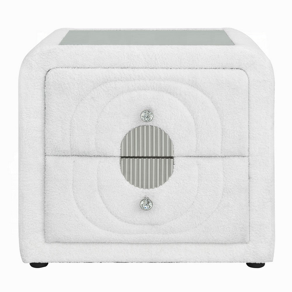 Kery Glass Top Nightstand | 2 Drawers | White Teddy Sherpa Upholstery