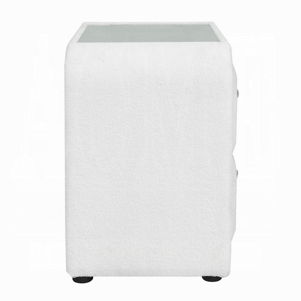 Kery Glass Top Nightstand | 2 Drawers | White Teddy Sherpa Upholstery