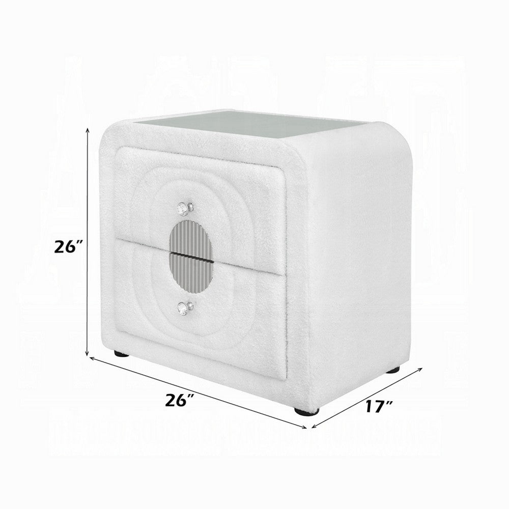 Kery Glass Top Nightstand | 2 Drawers | White Teddy Sherpa Upholstery