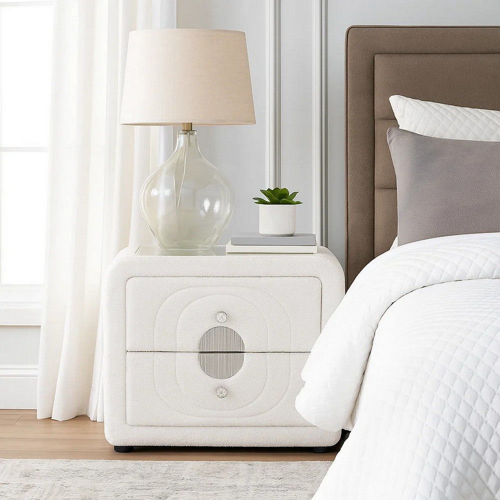 Kery Glass Top Nightstand | 2 Drawers | White Teddy Sherpa Upholstery