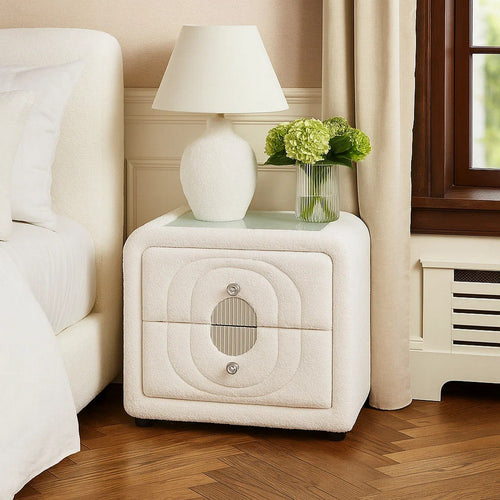 Kery Glass Top Nightstand | 2 Drawers | White Teddy Sherpa Upholstery