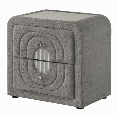 Kery Nightstand | 2 Drawers | Glass Top | Gray Teddy Sherpa Upholstery