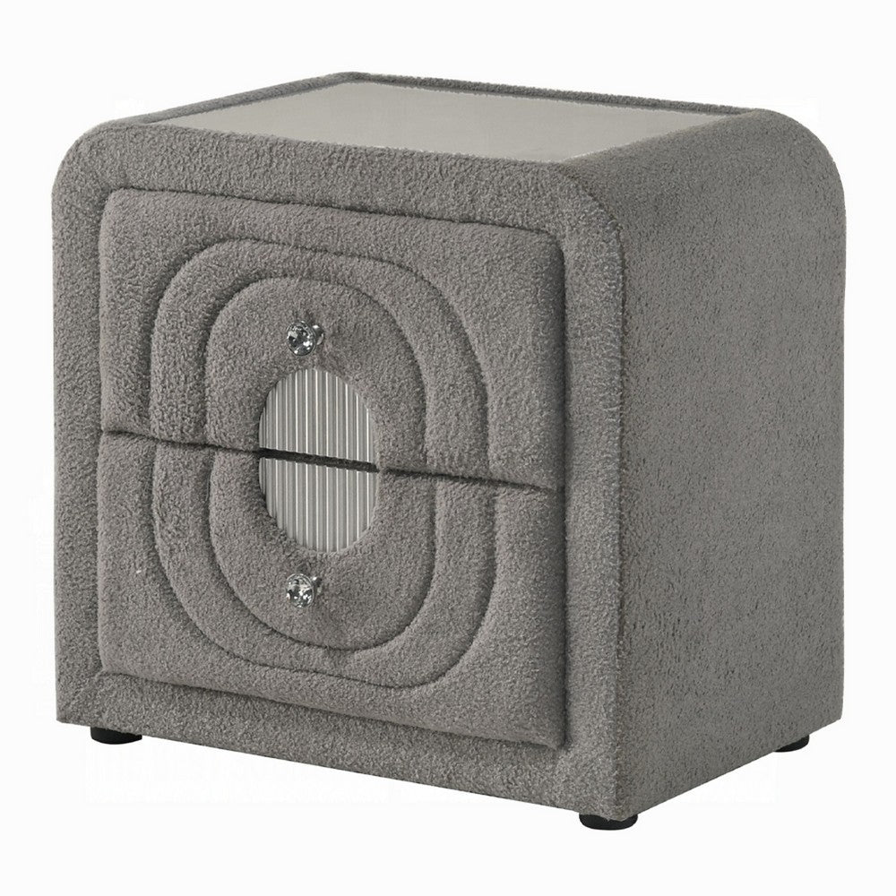Kery Nightstand | 2 Drawers | Glass Top | Gray Teddy Sherpa Upholstery