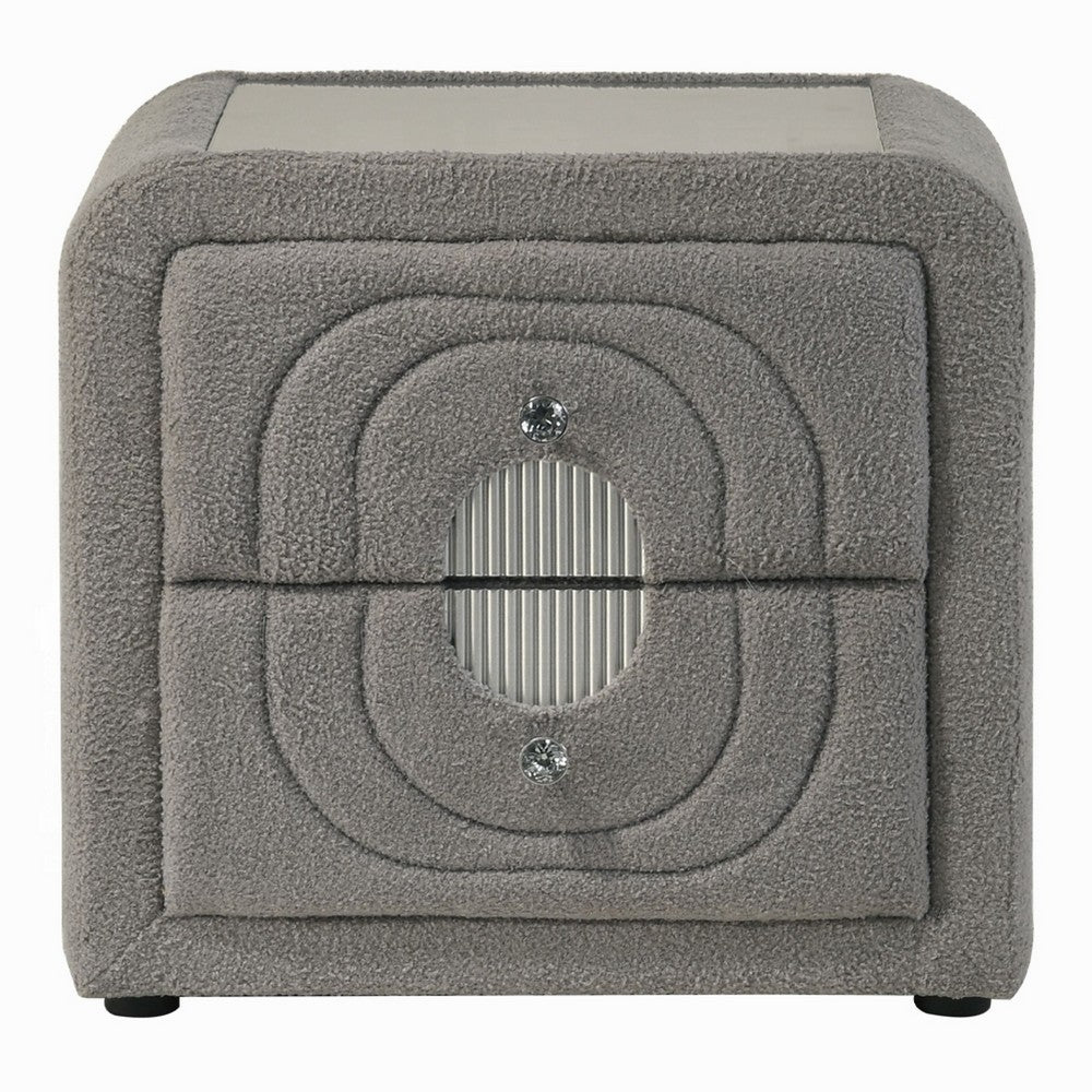 Kery Nightstand | 2 Drawers | Glass Top | Gray Teddy Sherpa Upholstery