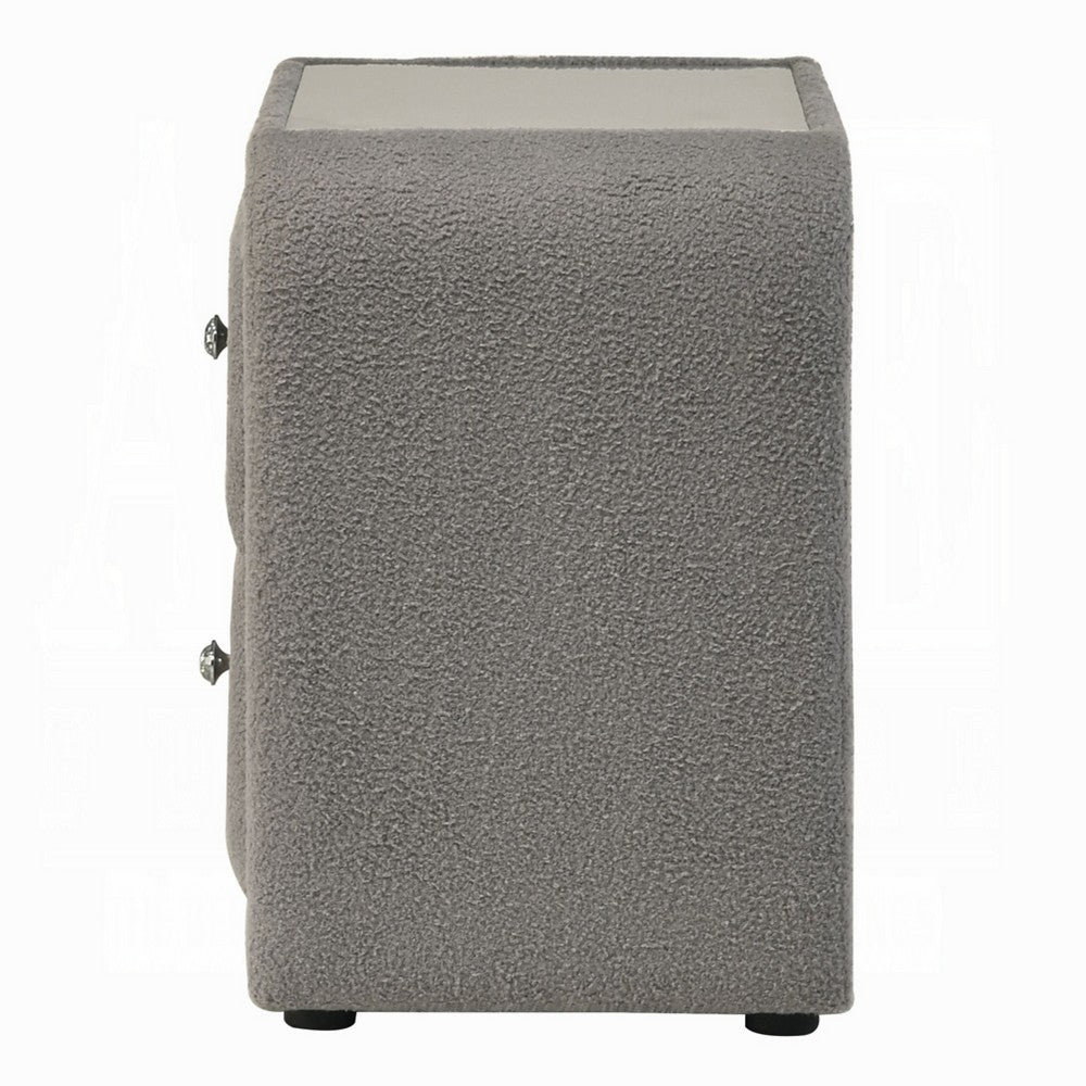 Kery Nightstand | 2 Drawers | Glass Top | Gray Teddy Sherpa Upholstery