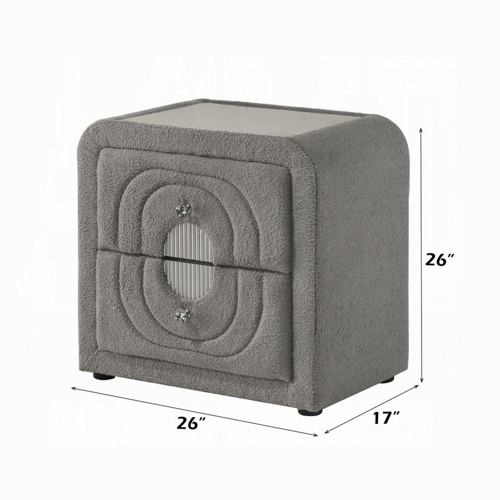 Kery Nightstand | 2 Drawers | Glass Top | Gray Teddy Sherpa Upholstery