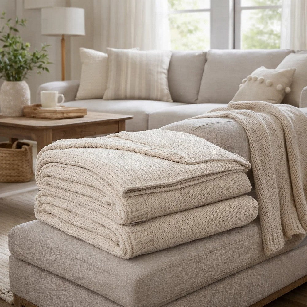 Tela Throw Blanket Set of 3 | Machine Knitted | Textured Beige Polyester