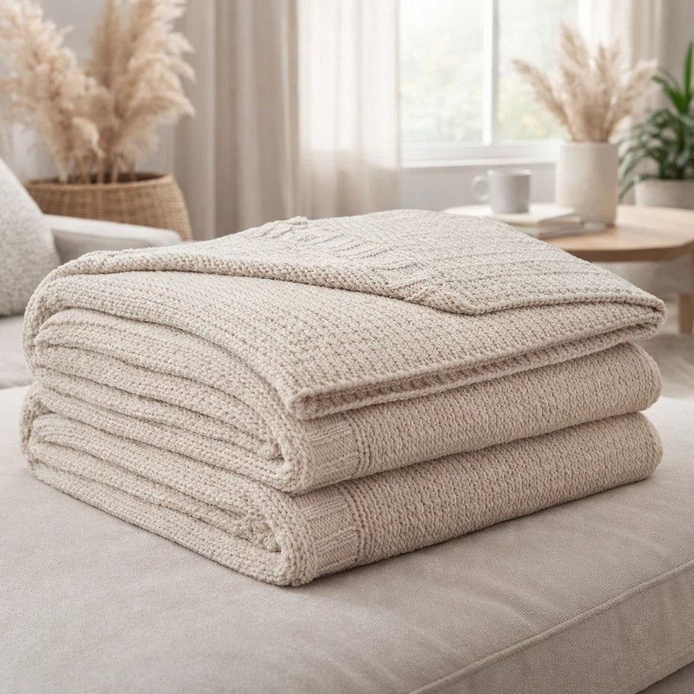 Tela Throw Blanket Set of 3 | Machine Knitted | Textured Beige Polyester