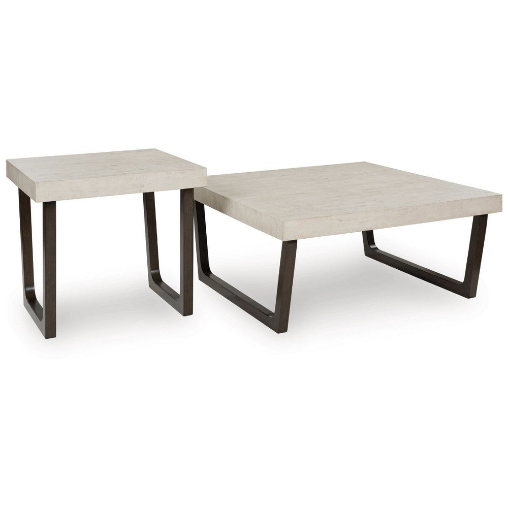 Wery 2pc Cocktail Table & Side End Table Set | Light Gray Top | Brown
