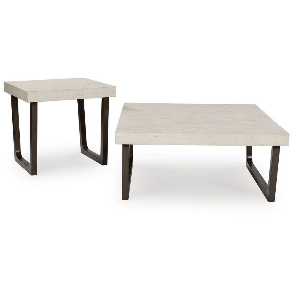 Wery 2pc Cocktail Table & Side End Table Set | Light Gray Top | Brown