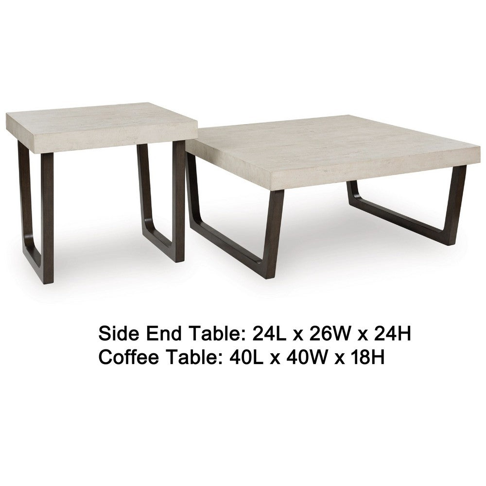 Wery 2pc Cocktail Table & Side End Table Set | Light Gray Top | Brown