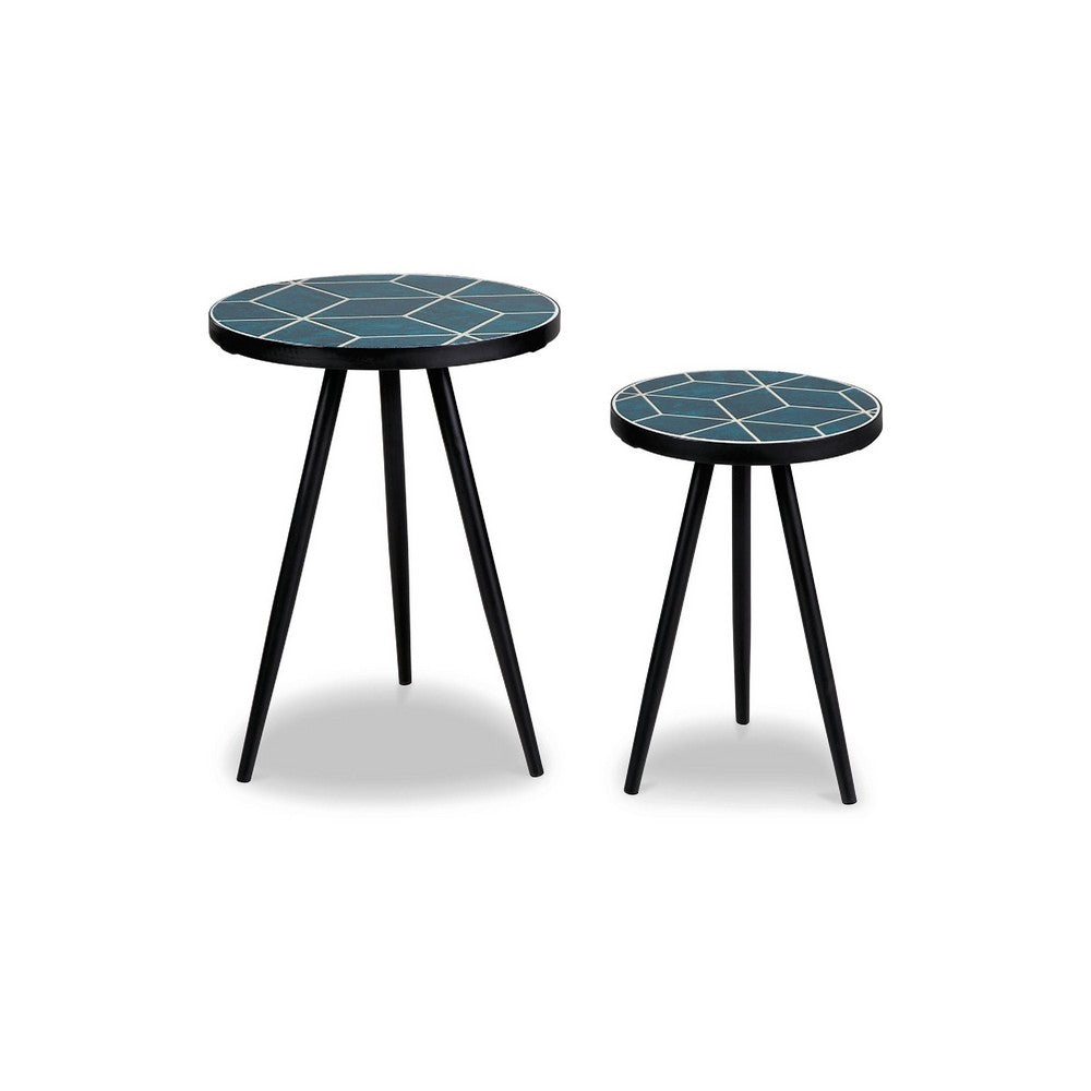 Ceri Accent Table Set of 2 | Teal Blue Geometric Pattern Top | Black