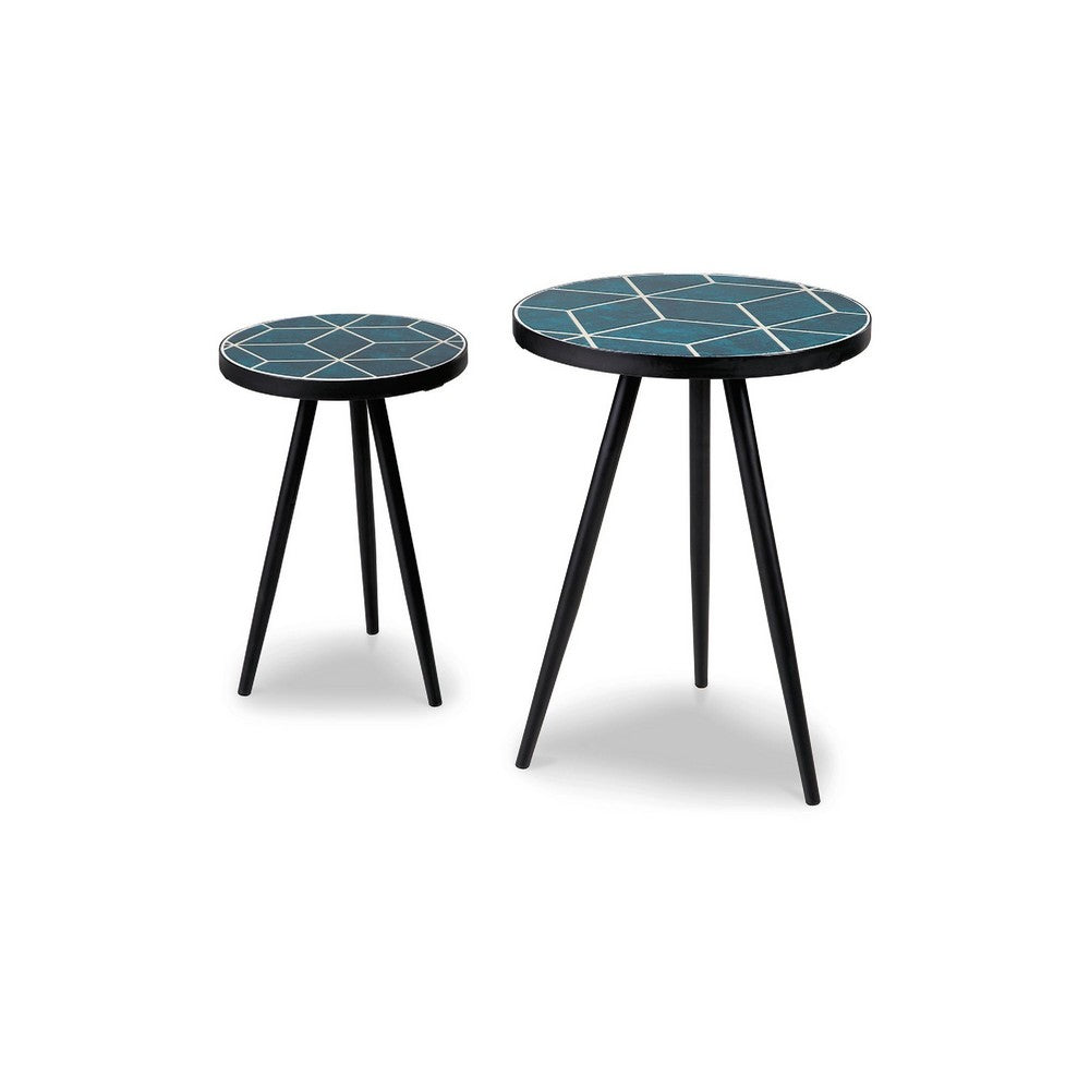 Ceri Accent Table Set of 2 | Teal Blue Geometric Pattern Top | Black
