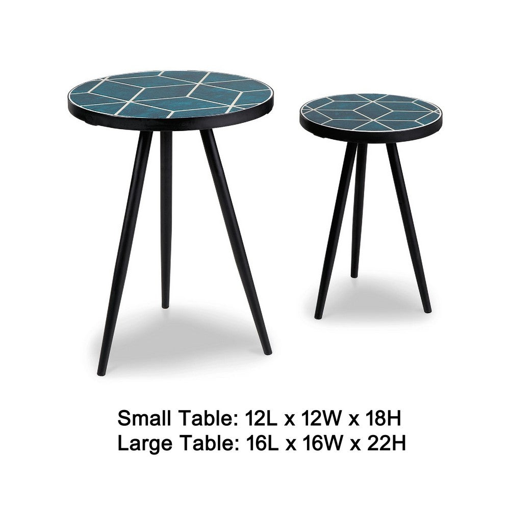 Ceri Accent Table Set of 2 | Teal Blue Geometric Pattern Top | Black