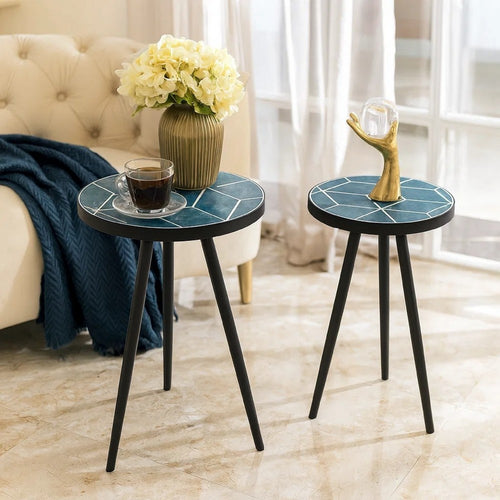 Ceri Accent Table Set of 2 | Teal Blue Geometric Pattern Top | Black