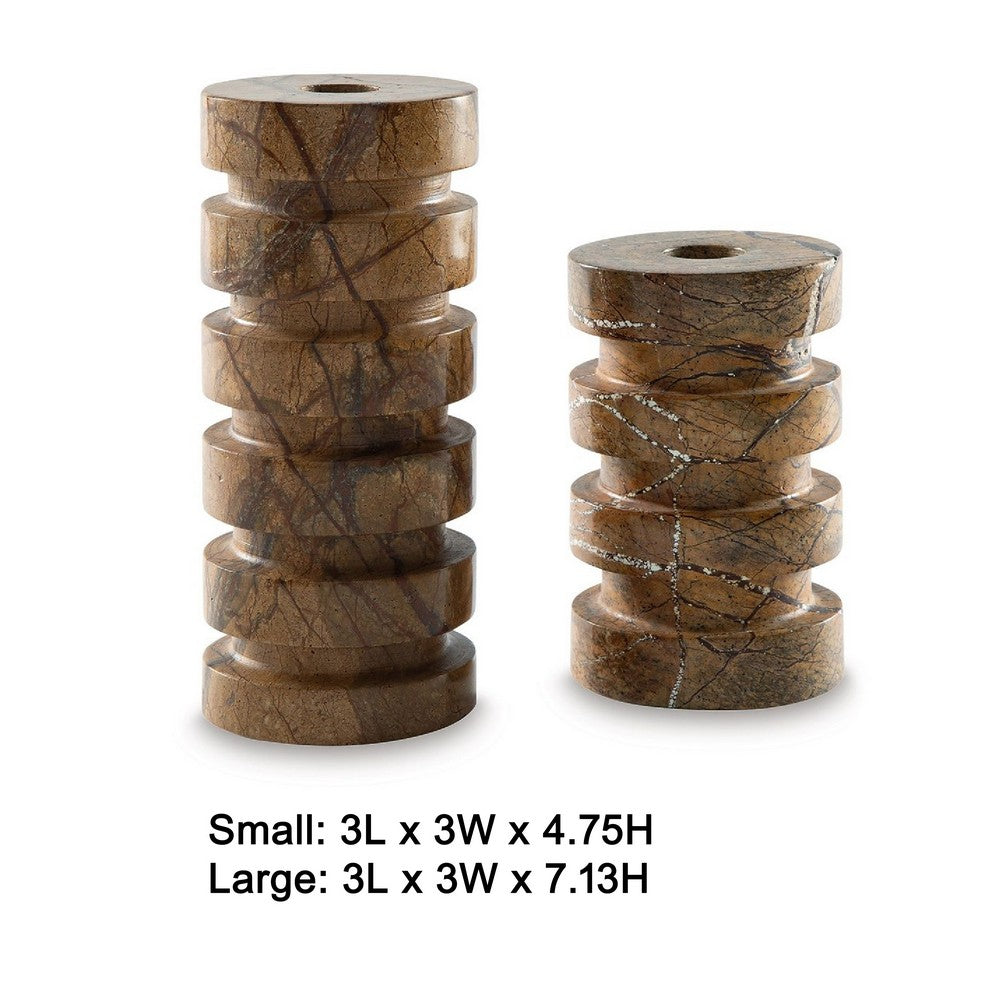Erya Candle Holder Set of 2 | Tan Brown Marble Finished Stacked Design