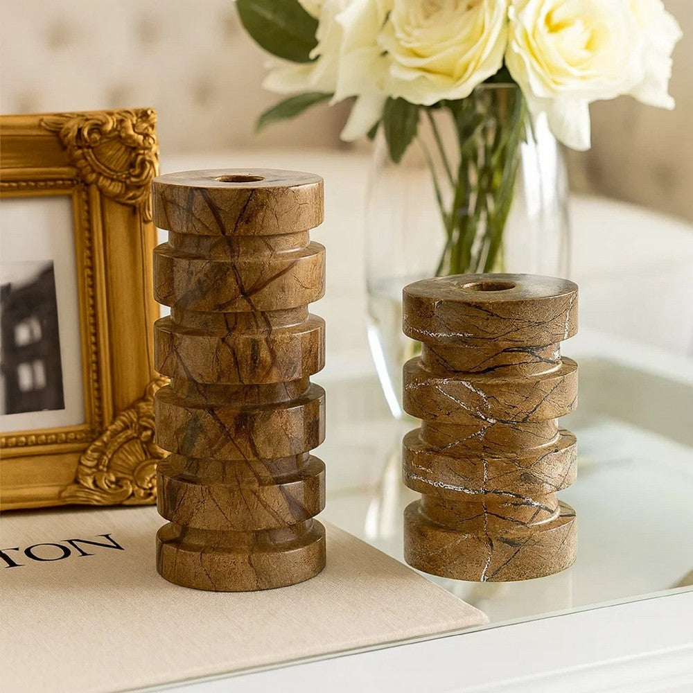 Erya Candle Holder Set of 2 | Tan Brown Marble Finished Stacked Design