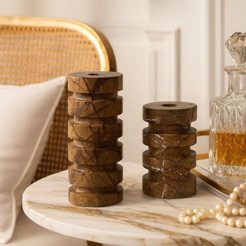 Erya Candle Holder Set of 2 | Tan Brown Marble Finished Stacked Design