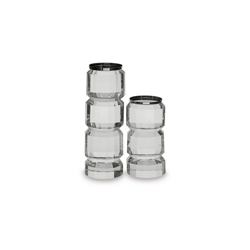 Meru Candle Holder Set of 2 | Crystal & Silver Glass Stacked Pillar