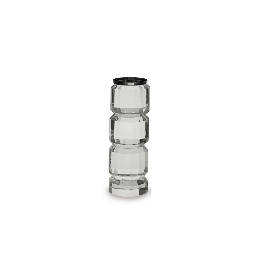 Meru Candle Holder Set of 2 | Crystal & Silver Glass Stacked Pillar
