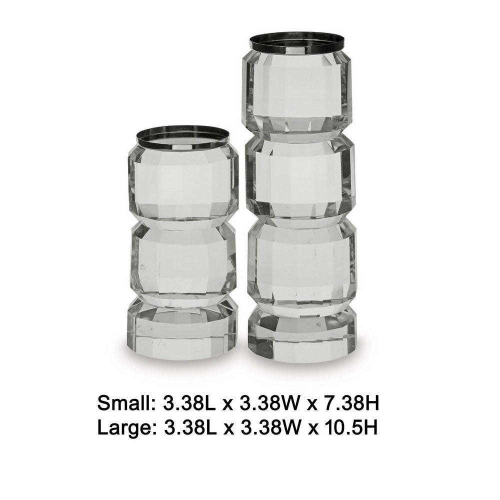 Meru Candle Holder Set of 2 | Crystal & Silver Glass Stacked Pillar