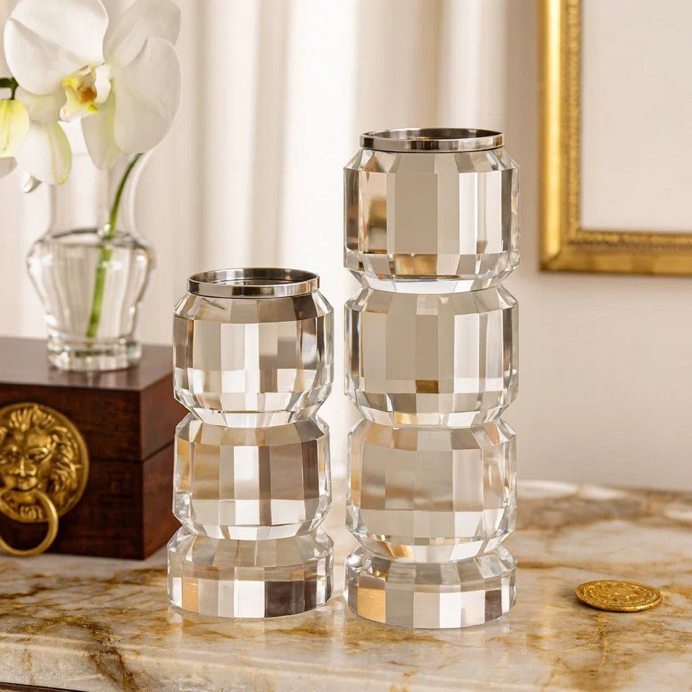 Meru Candle Holder Set of 2 | Crystal & Silver Glass Stacked Pillar