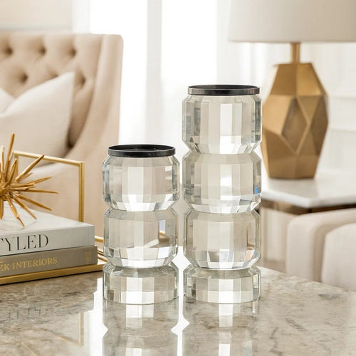 Meru Candle Holder Set of 2 | Crystal & Silver Glass Stacked Pillar